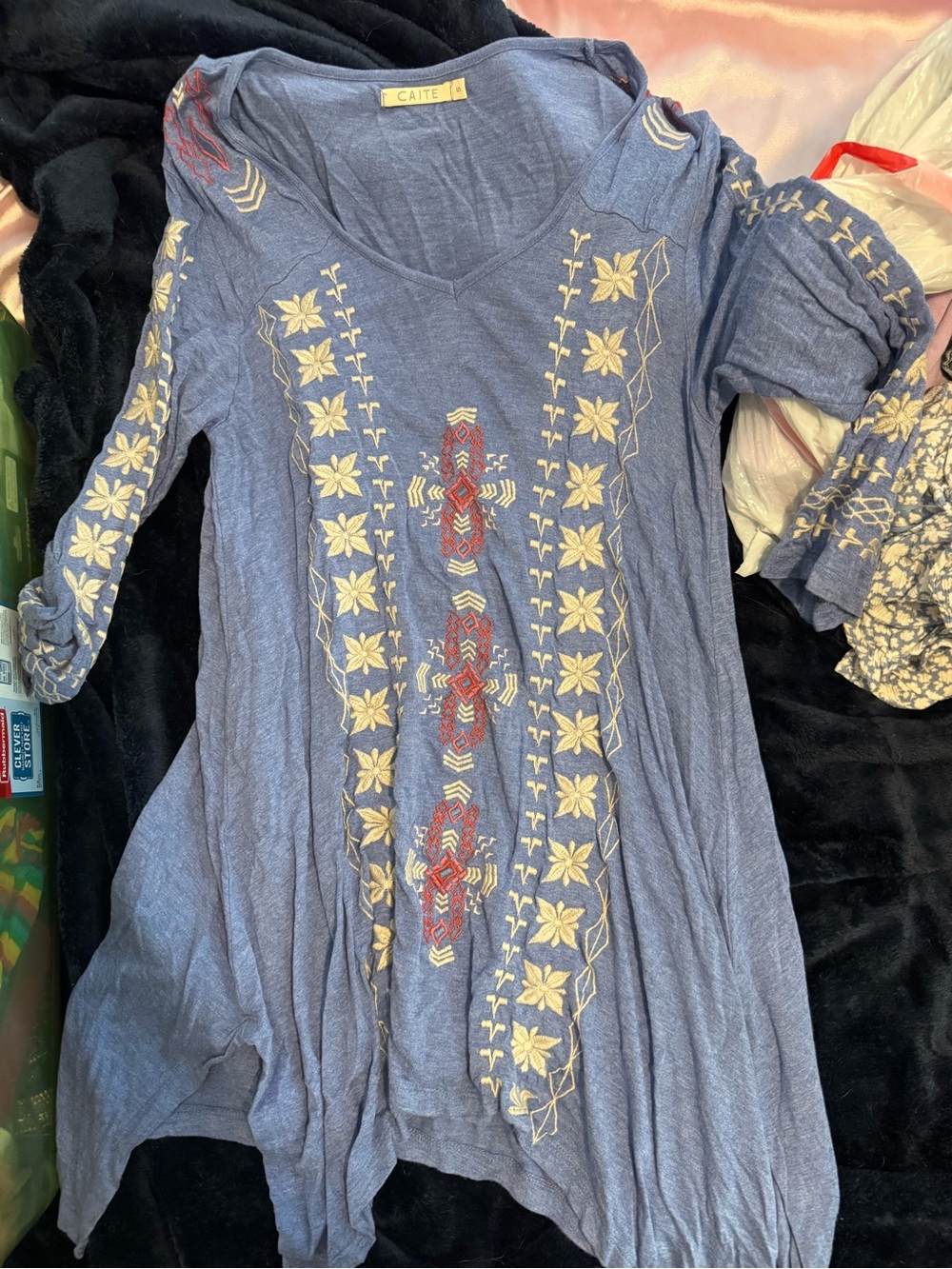 Caite Blue Embroidered Long Sleeve Dress